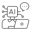 Icono que representa inteligencia artificial con un ordenador portátil y burbujas de diálogo.
