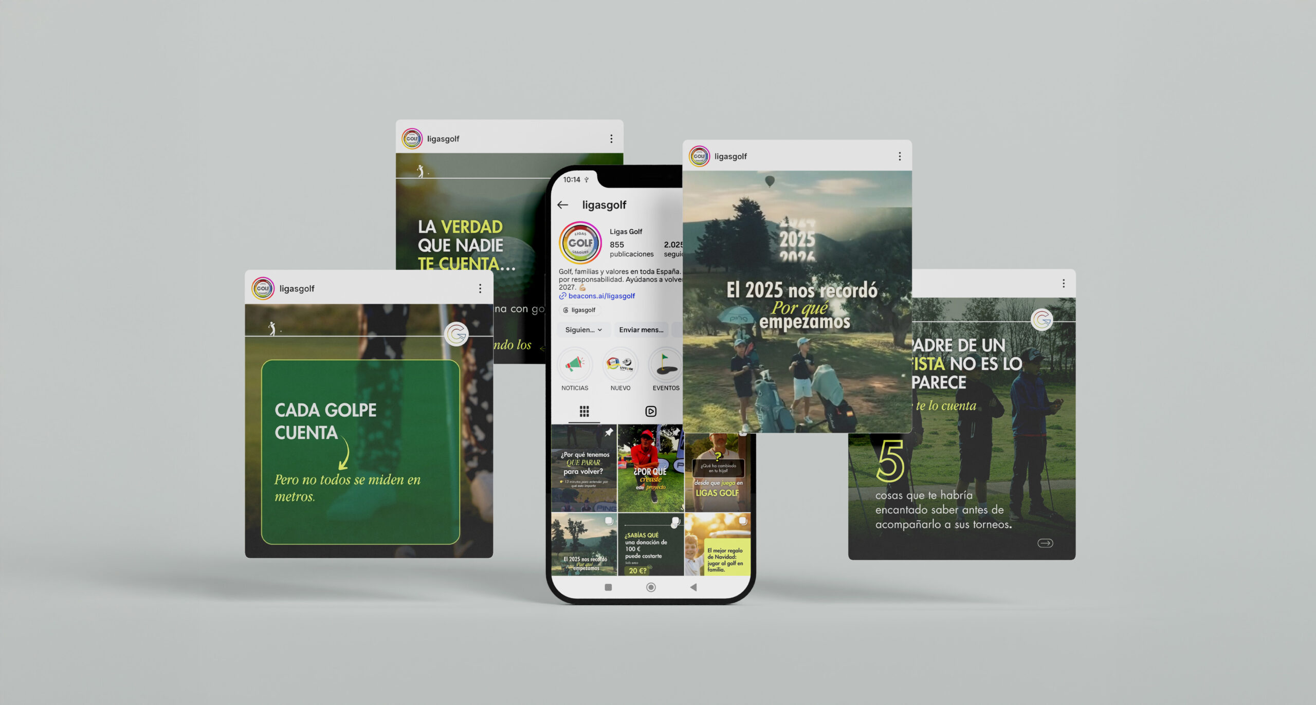 Imagen con una composición de varios posts de instagram. En el centro aparece un móvil con el instagram de Ligas Golf y en los lados cuatro publicaciones de su Instagram.