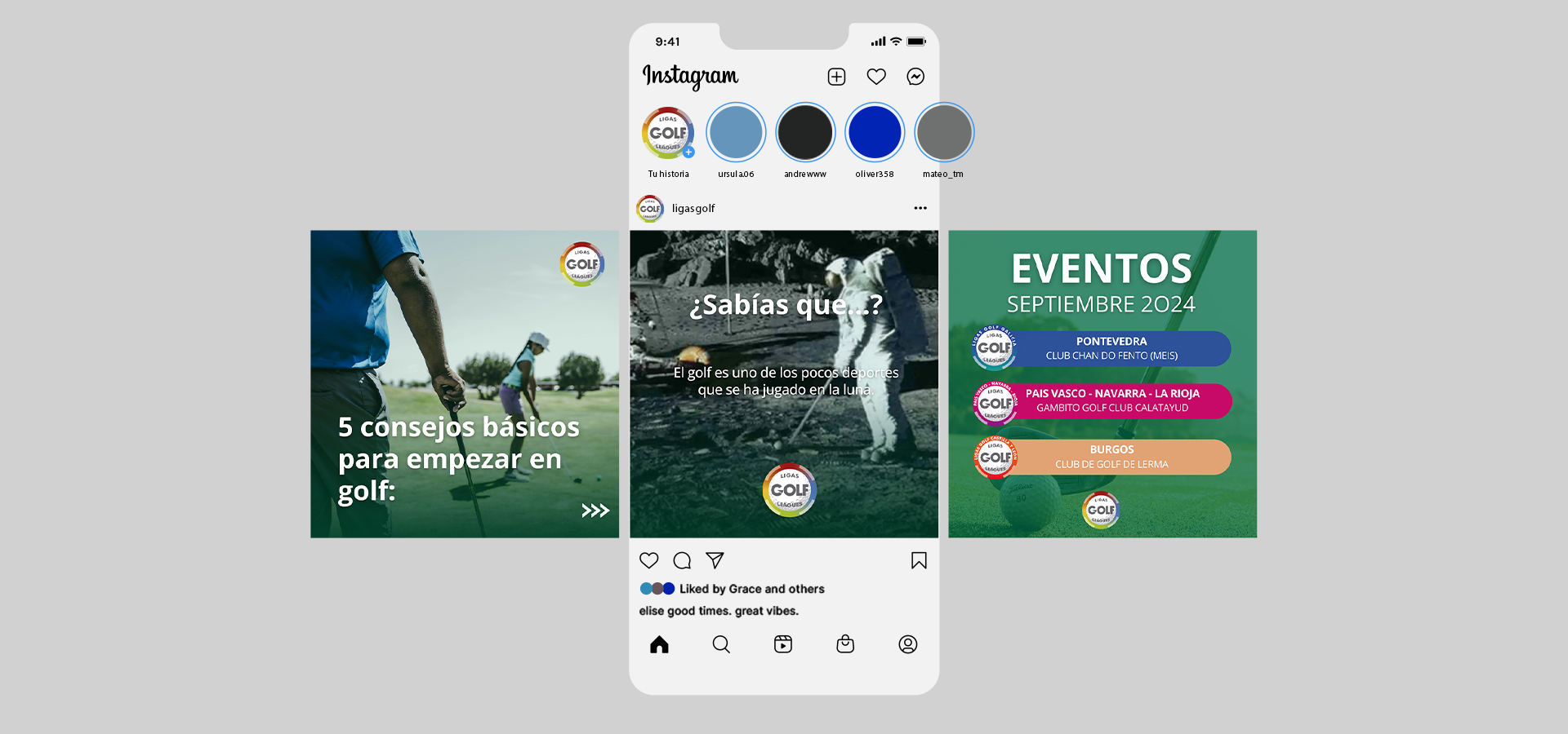 Visualización de 3 publicaciones de RRSS de Ligas Golf