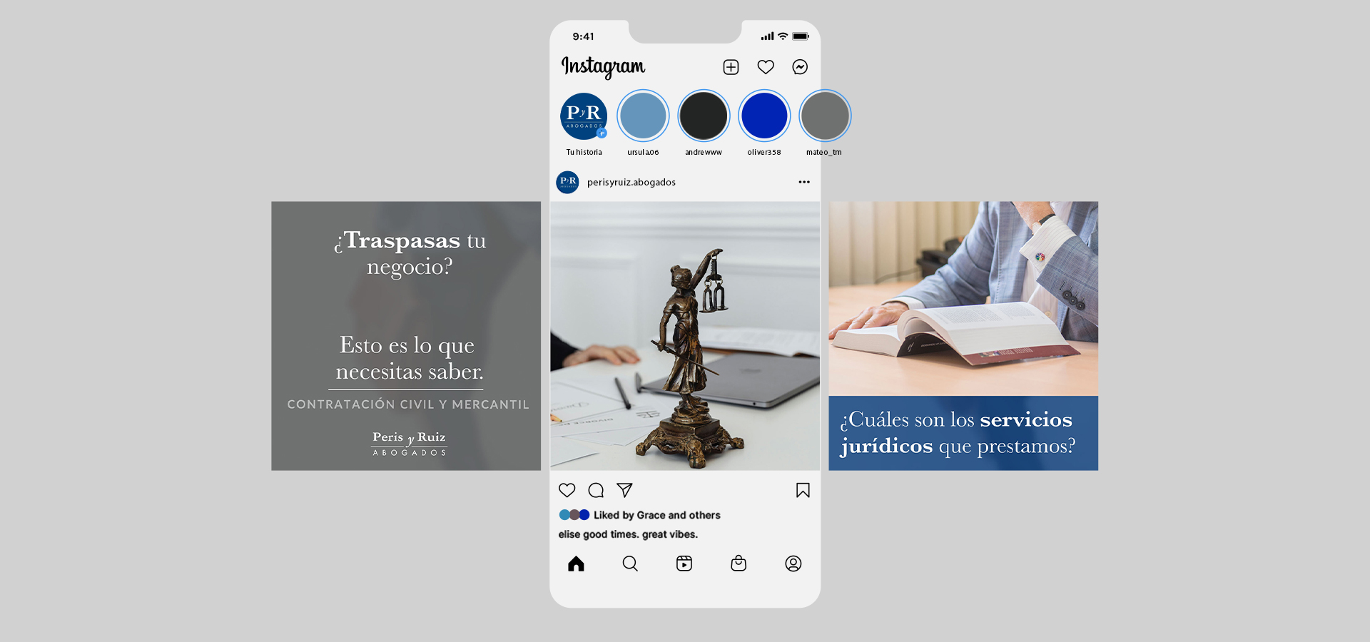 Visualización de 3 publicaciones de RRSS de Peris y Ruíz Abogados