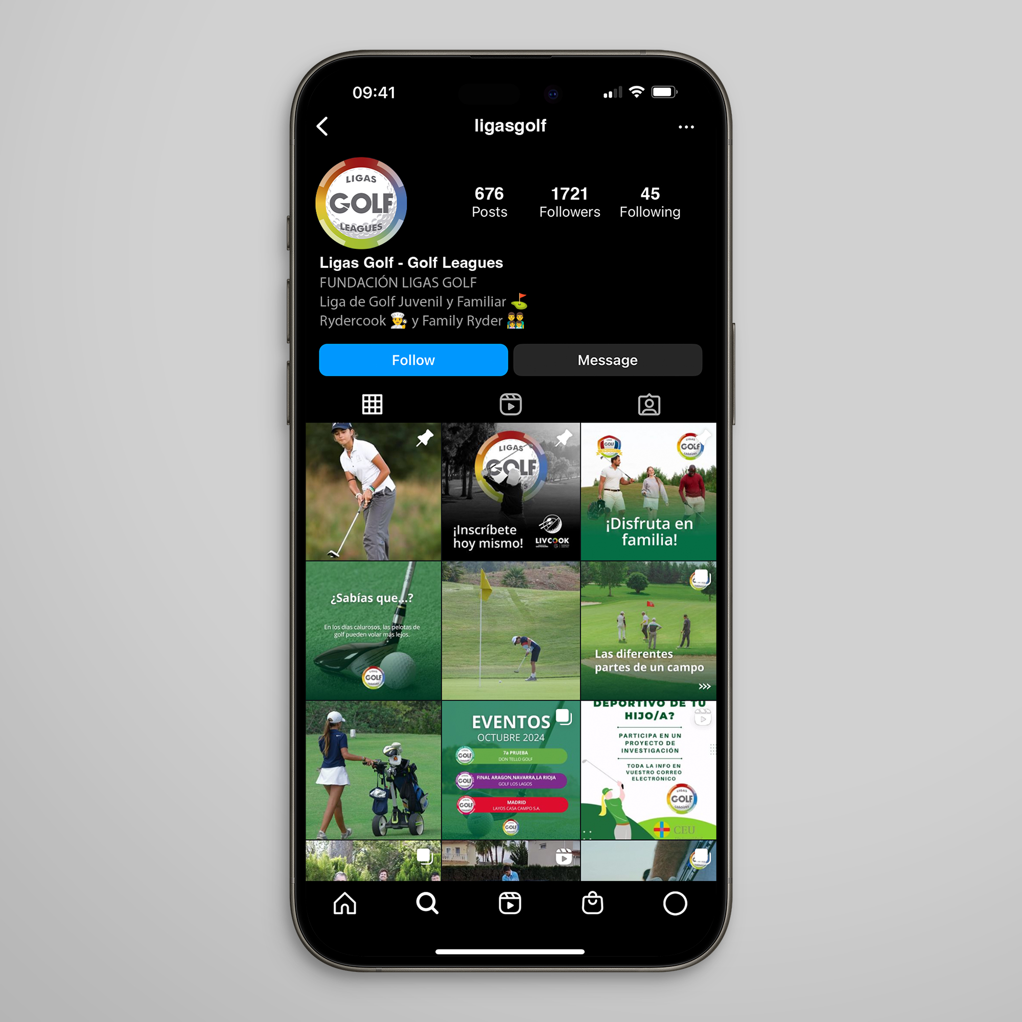 Visualización del feed de Instagram de Ligas Golf en dispositivo móvil