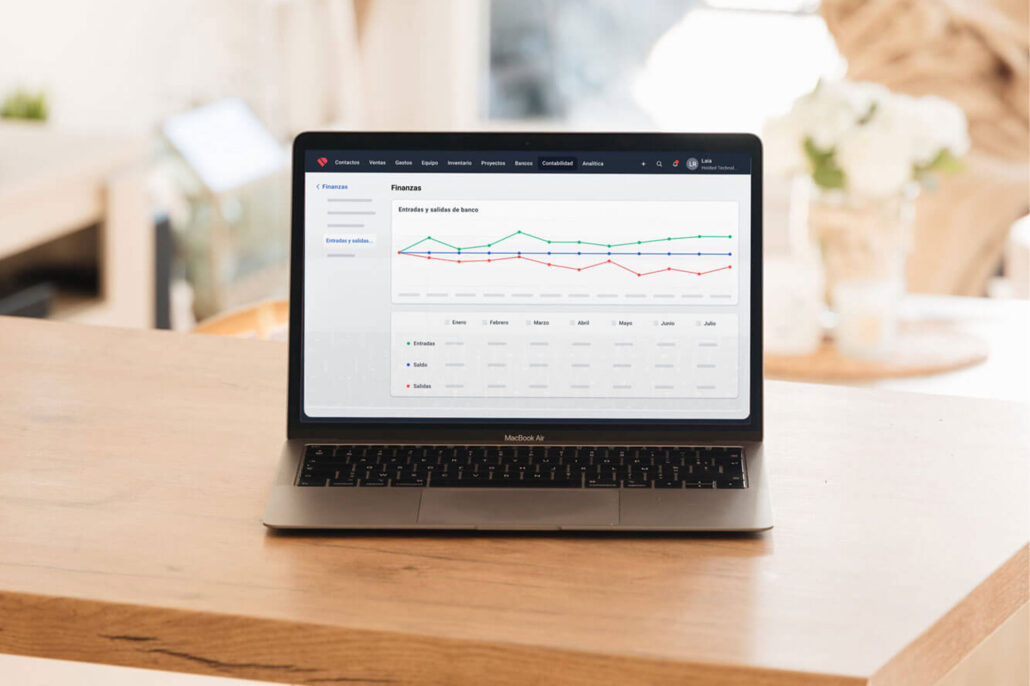 Dashboard de finanzas en laptop mostrando gráficos de entradas y salidas, útil para consultoría SEO y análisis financiero.